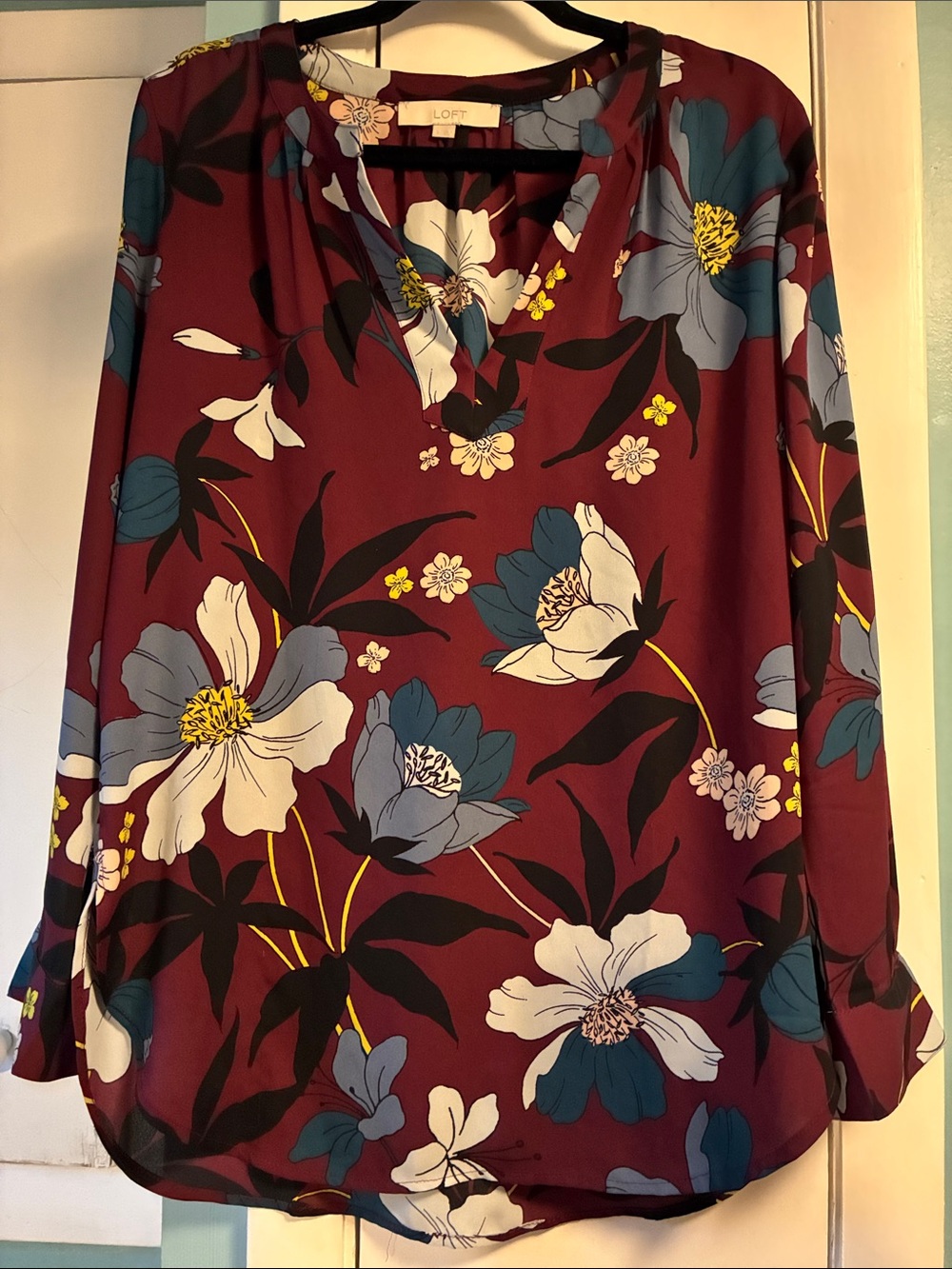 LOFT Burgundy Floral V-Neck Blouse small